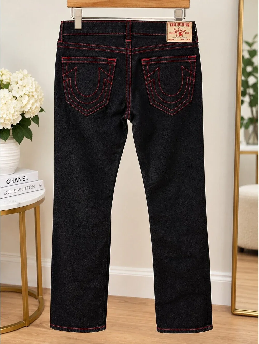 True Religion Ricky Black Jeans with Red Contrast Stitching
